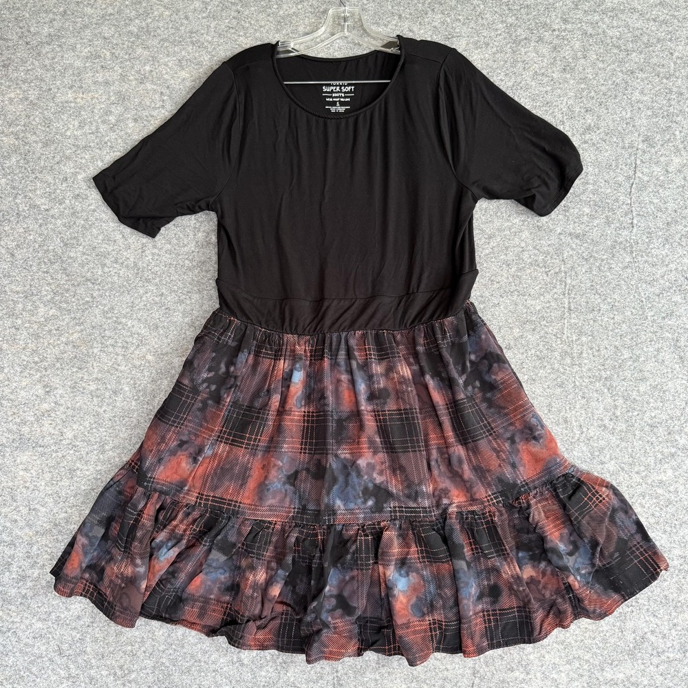 Torrid Dress Womens 1 Black‎ Plaid Super Soft Knits Short Sleeve Ruffle Hem
